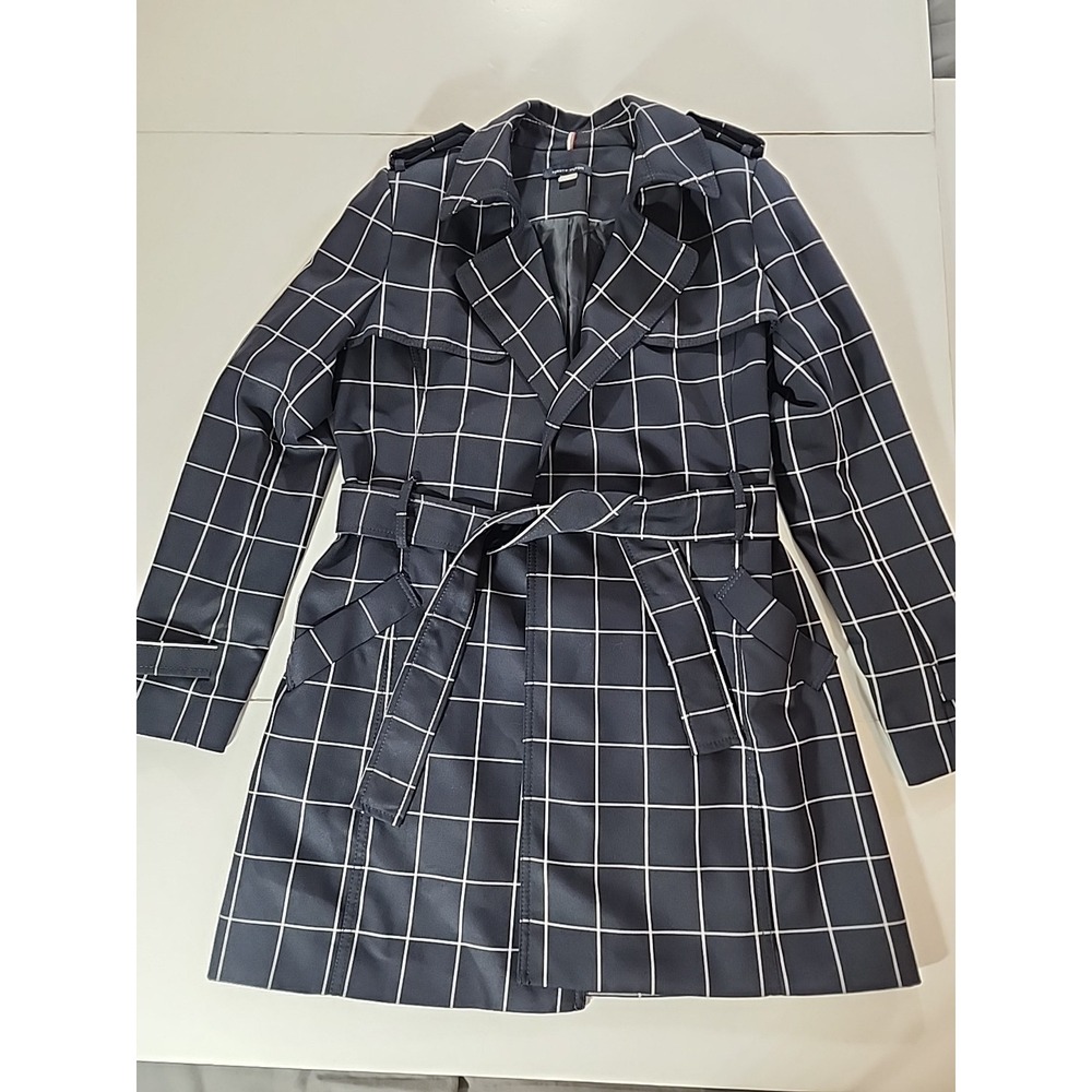 Tommy Hilfiger Womens Navy Plaid Windowpane Trench‎ Coat Jacket 4 Preppy Classy